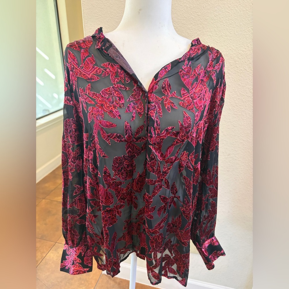 J. Jill Sheer Black Blouse with Fuchsia Floral Burnout